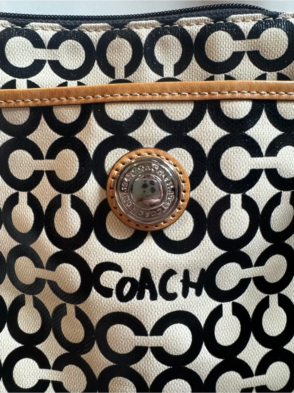 Coach Swingpack Op Art Black & Cream Signature Bag with Tan Leather Accents